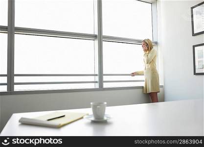 Business woman using mobile phone standing by window in office side view