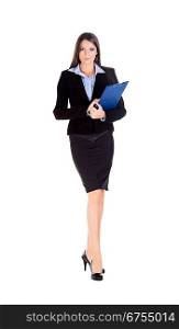 business woman walks on heels with documents on white background