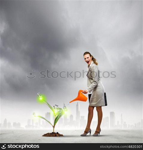 Business woman watering monet tree. Image of business woman watering money tree. Currency concept