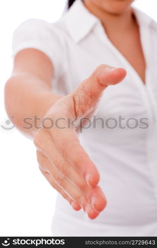 Business woman welcoming you with an open hand ready to shake,on a white isolated backgroud