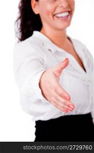 Business woman welcoming you with an open hand ready to shake,on a white isolated backgroud