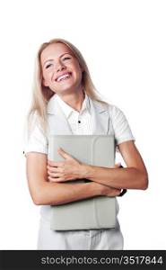 business woman with a briefcase on a white background