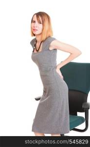 Business woman with back pain after long work on chair. Isolated on white background