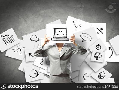 Business woman with board. Image of businesswoman holding message board against face. Conceptual photo