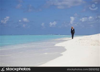business woman with briefcase walking on the desolate ocean coast