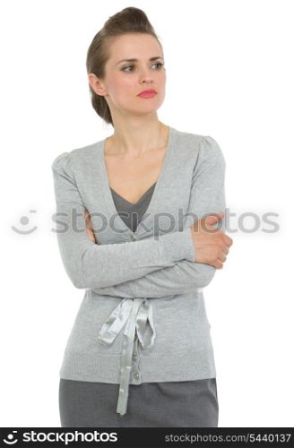 Business woman with crossed arms looking on copy space