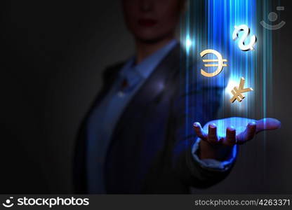 Business woman with financial symbols around