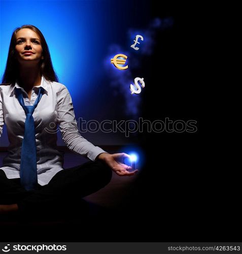 Business woman with financial symbols around