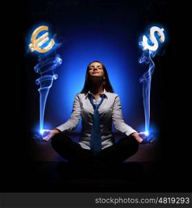 Business woman with financial symbols around. Businesswoman with financial symbols around her on the background