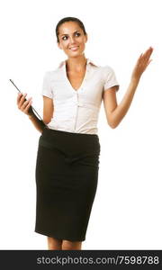 business woman with folder showing something on white background