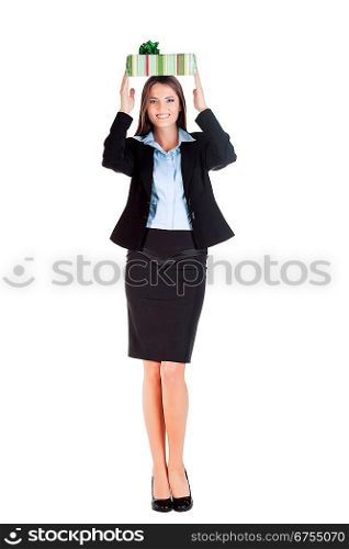 business woman with gift on the head on white background