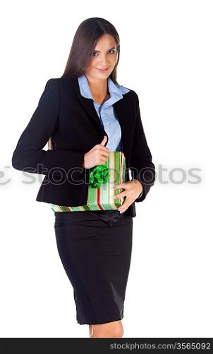 business woman with gift with a white background