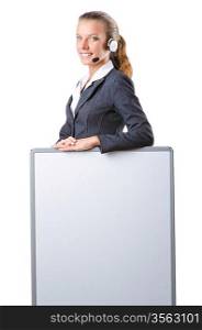 Business woman with headset, holding white board.