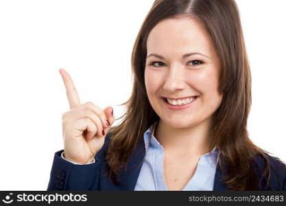 Business woman with her finger on the air, isolated over white