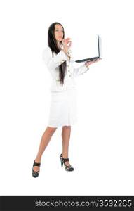 Business woman with laptop in the full-length, white background