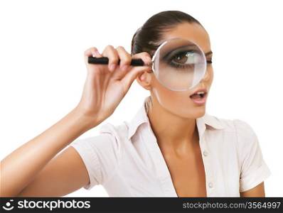 business woman with magnifying glass on eye on white background