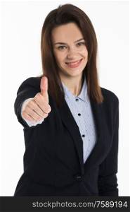 Business woman with thumbs up isolated over a white background. Business woman with thumbs up
