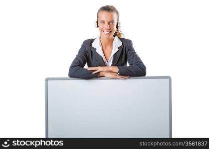 Business woman with white board, smiling.