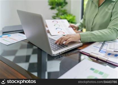 Business woman working in green eco friendly modern working space creative ideas for business eco friendly professional investor start up project business.