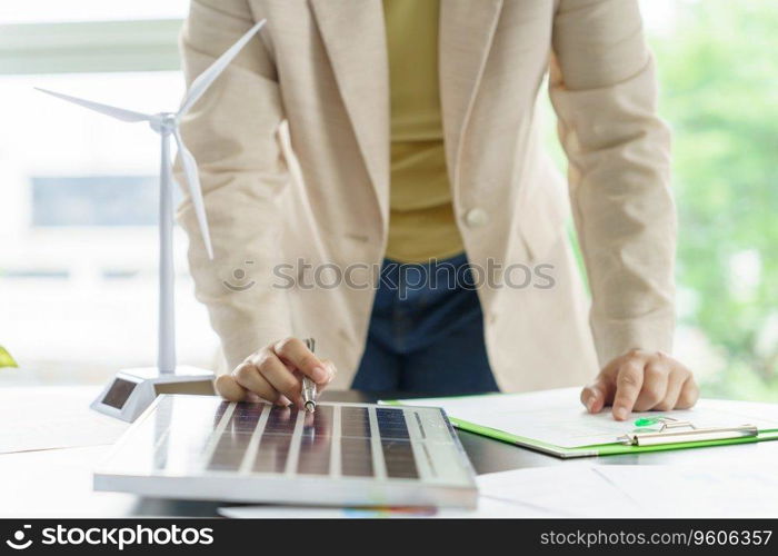 Business woman working in green eco friendly modern working space creative ideas for business eco friendly professional investor start up project business