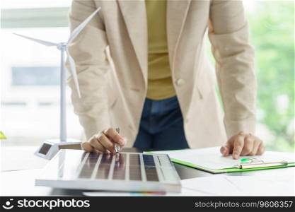Business woman working in green eco friendly modern working space creative ideas for business eco friendly professional investor start up project business