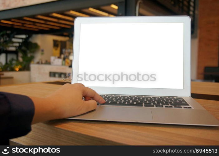 Business woman working on Laptop with Mock up blank screen. technology concept.