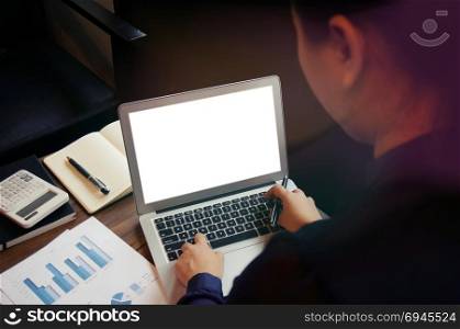 Business woman working on Laptop with Mock up blank screen. technology concept.