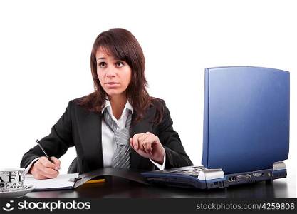 Business woman working with laptop, isolated over white