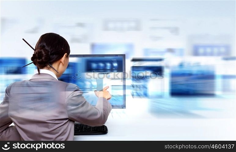 Business woman working with virtual digital screens