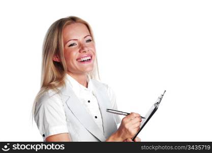 business woman writing in notebook on a white background