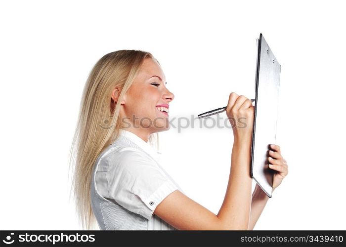 business woman writing in notebook on a white background