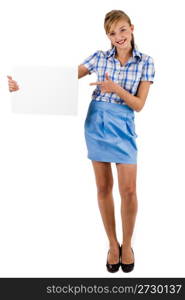 Business women holds and points at the blank board indoor studio