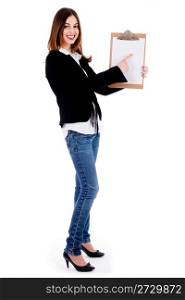 Business women pointing on a blank clip board on isolated background