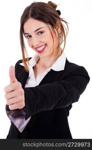 Business women showing thumbs up on a isolated white background
