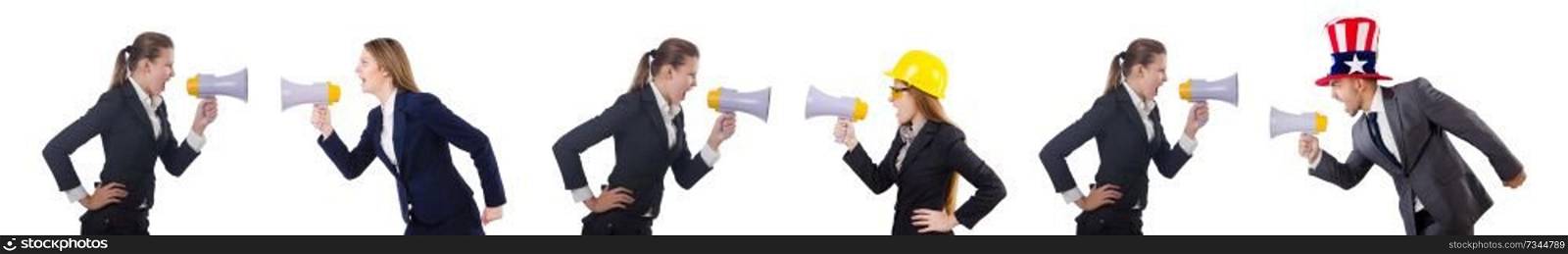 Business women with loudspeakers on white