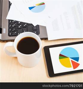 business workflow - above view mug of coffee and tablet pc with chart on office table
