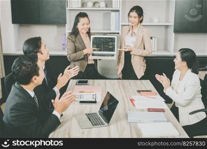 Business Working Women Presentation in Meeting room with people glad applause and clapping hand