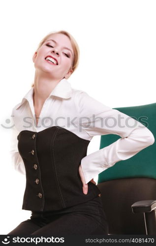 Business. Young businesswoman with backache. Woman with back pain isolated on white. Long working hours and health.