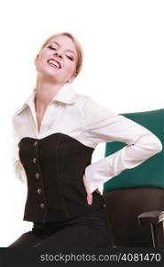 Business. Young businesswoman with backache. Woman with back pain isolated on white. Long working hours and health.