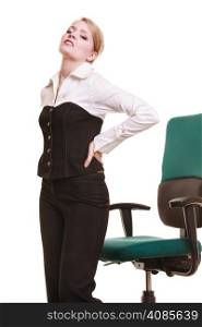 Business. Young businesswoman with backache. Woman with back pain isolated on white. Long working hours and health.