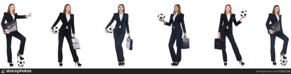 Businesslady with ball on white 