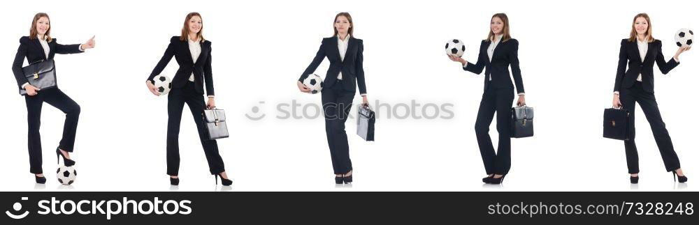 Businesslady with ball on white 