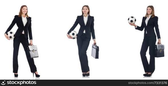 Businesslady with ball on white 