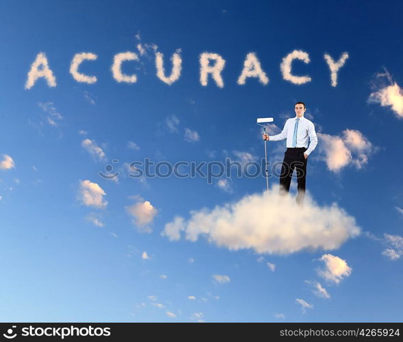 Businessman against blue sky with word accuracy writen