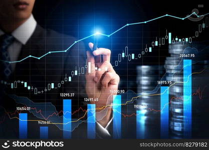 Businessman analyst working with digital finance business data graph showing technology of investment strategy for perceptive financial business decision. Digital economic analysis technology concept.. Businessman working with digital finance business graph of perceptive technology