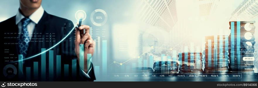 Businessman analyst working with digital finance business data graph showing technology of investment strategy for perceptive financial business decision. Digital economic analysis technology concept.. Businessman working with digital finance business graph of perceptive technology