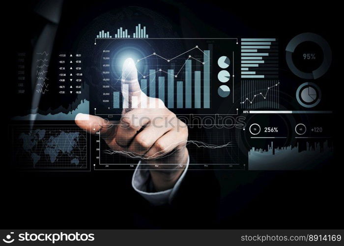 Businessman analyst working with digital finance business data graph showing technology of investment strategy for perceptive financial business decision. Digital economic analysis technology concept.. Businessman working with digital finance business graph of perceptive technology