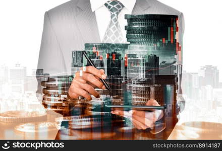 Businessman analyst working with digital finance business data graph showing technology of investment strategy for perceptive financial business decision. Digital economic analysis technology concept.. Businessman working with digital finance business graph of perceptive technology