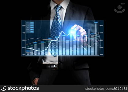 Businessman analyst working with digital finance business data graph showing technology of investment strategy for perceptive financial business decision. Digital economic analysis technology concept.. Businessman working with digital finance business graph of perceptive technology