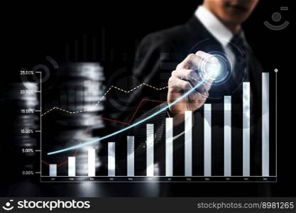 Businessman analyst working with digital finance business data graph showing technology of investment strategy for perceptive financial business decision. Digital economic analysis technology concept.. Businessman working with digital finance business graph of perceptive technology